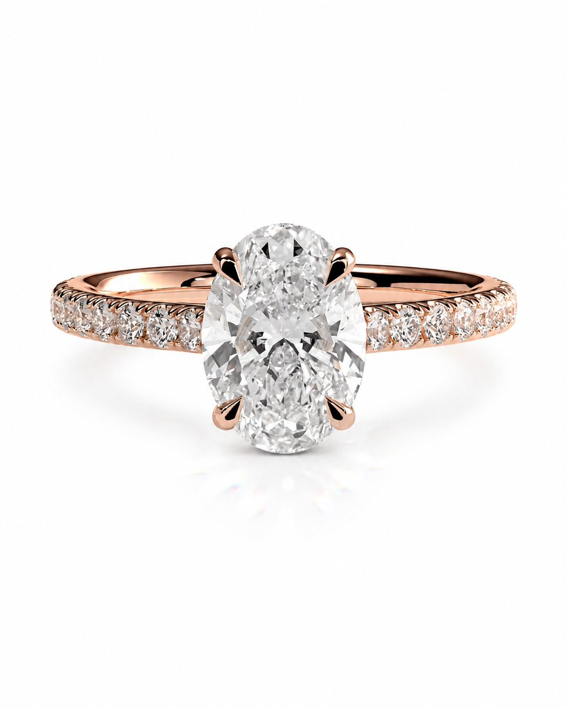 color_10K_RG, color_14K_RG &&An oval-cut diamond engagement ring in a rose gold setting with a pavé band, shown on a clean white background.