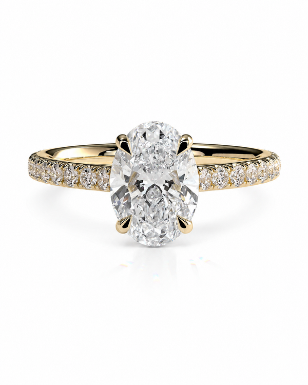 color_10K_YG, color_14K_YG &&A yellow gold solitaire engagement ring featuring a large oval-cut diamond center stone, with a pavé-set diamond band, shown on a clean white background.