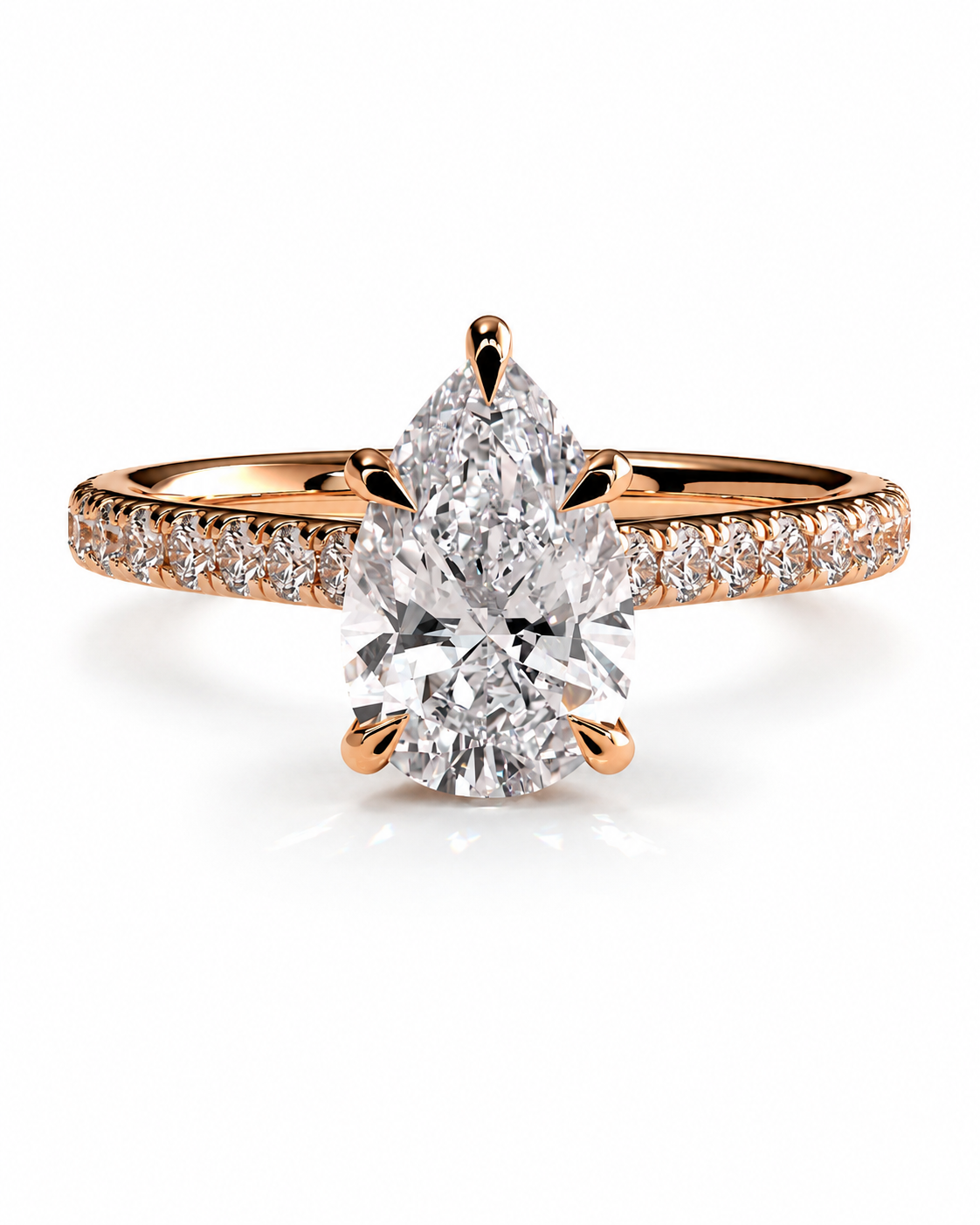 color_10K_RG, color_14K_RG &&A rose gold engagement ring featuring a large pear-cut center diamond and a pavé diamond band, shown on a clean white background.