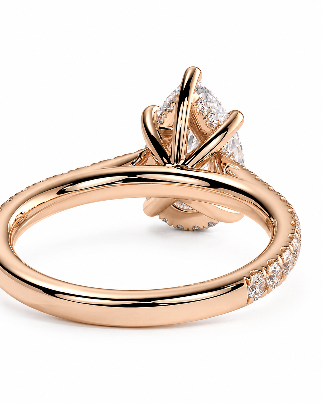 color_10K_RG, color_14K_RG &&A rose gold engagement ring featuring a large oval-cut center stone in a prong setting, with a halo of small round stones and a pavé band on a white background.