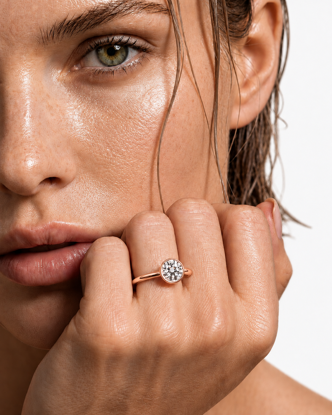 color_10K_RG, color_14K_RG &&A close-up lifestyle shot of a model wearing a silver-toned ring with a round cluster of clear gemstones on her finger.