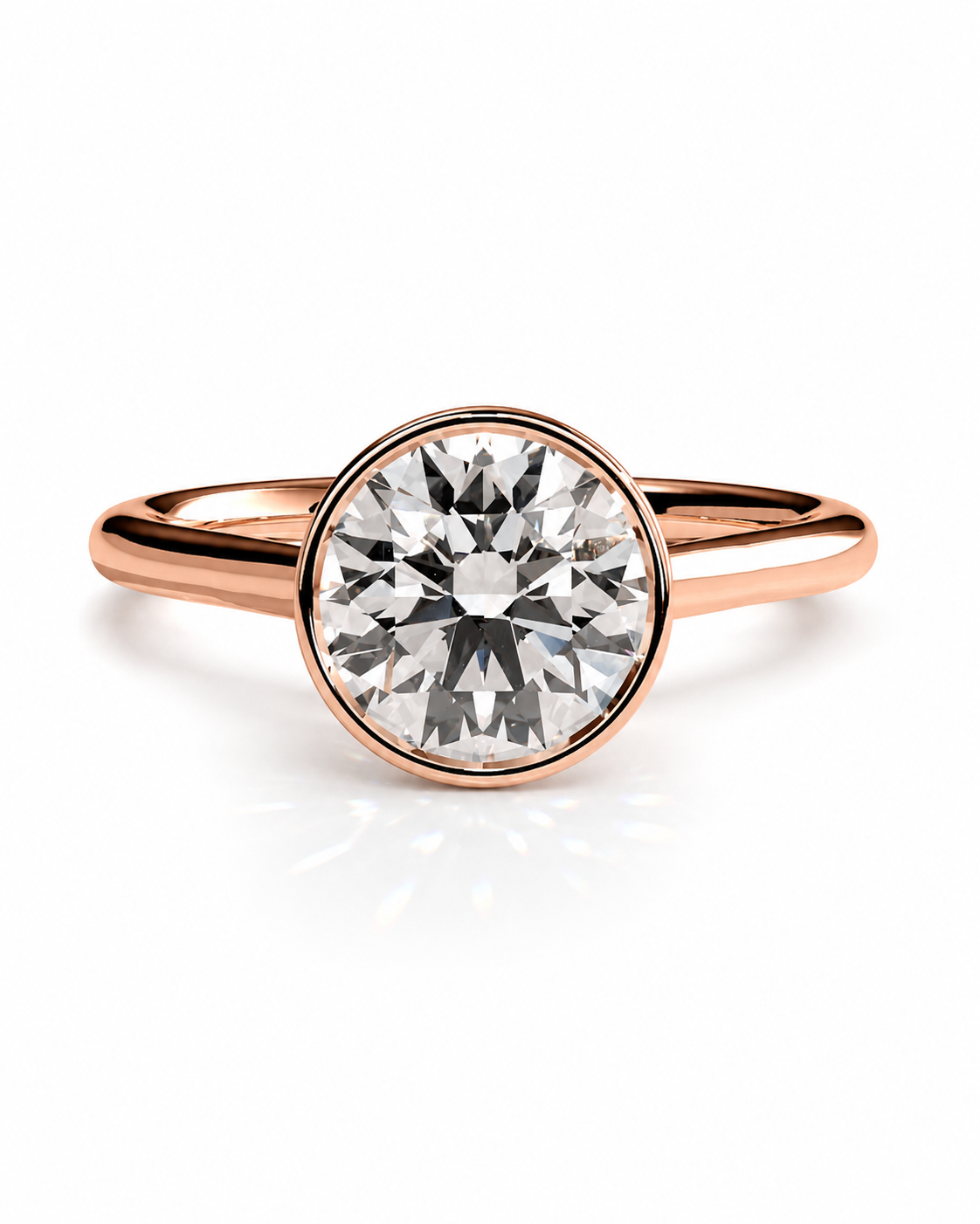 color_10K_RG, color_14K_RG &&A round-cut diamond engagement ring with a rose gold band and bezel setting, shown on a clean white background.