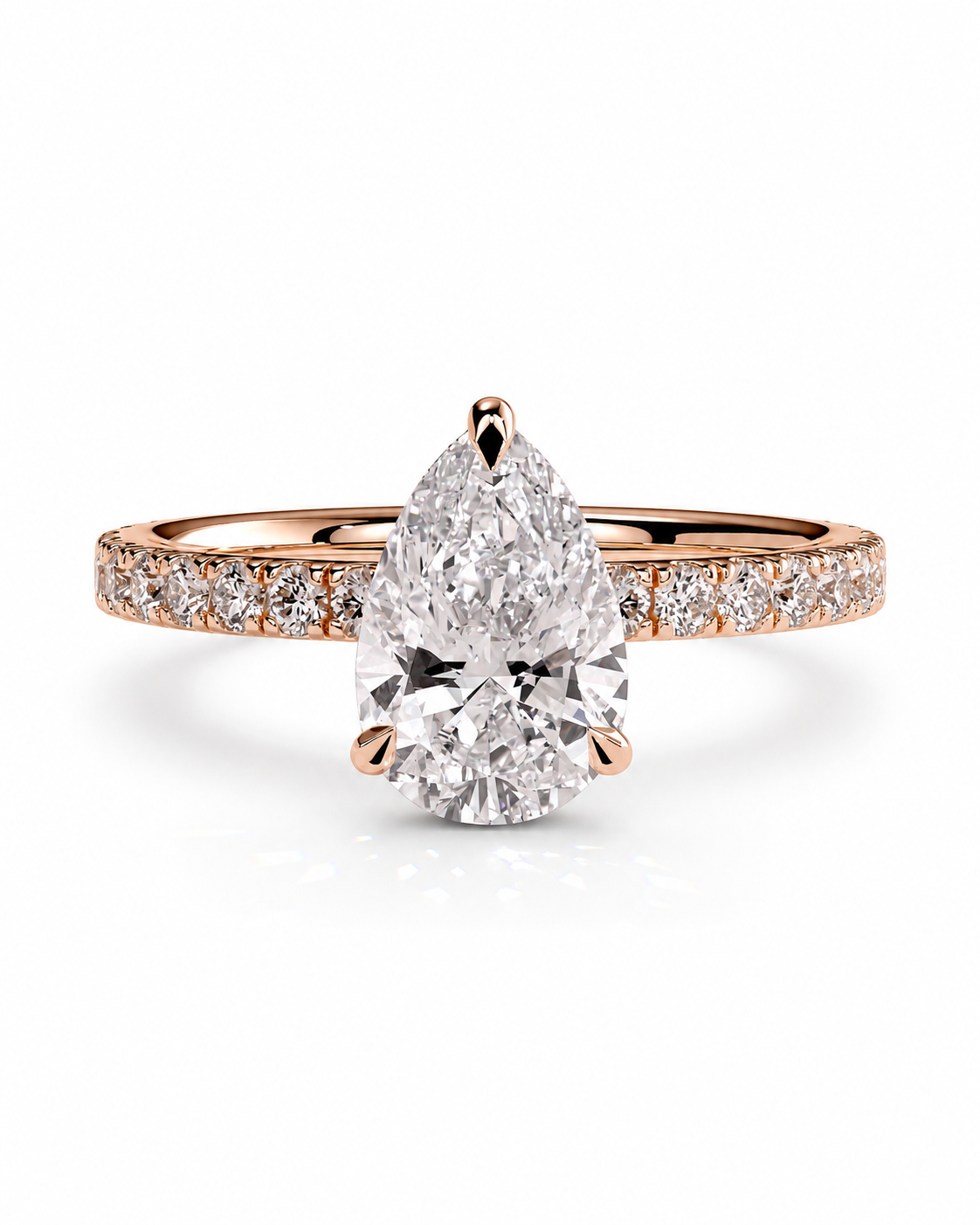 color_10K_RG, color_14K_RG &&A pear-cut diamond engagement ring in a rose gold setting with a pavé band, shown on a clean white background.