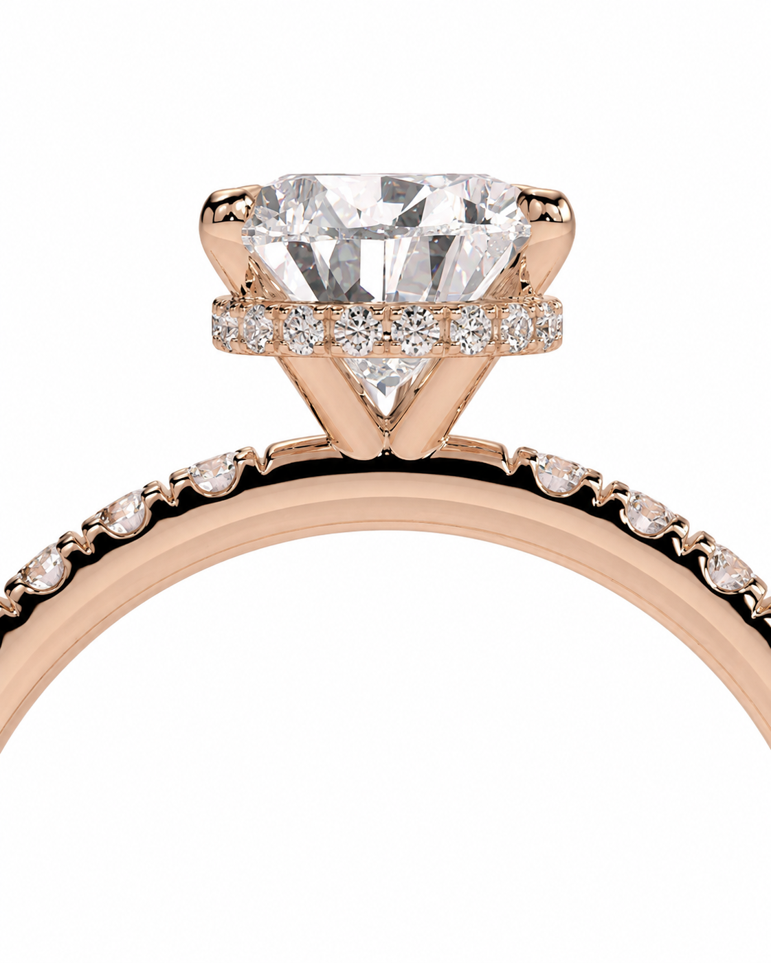 color_10K_RG, color_14K_RG &&Rose gold engagement ring featuring a large cushion-cut diamond center stone with a halo of smaller round diamonds and a pavé-set diamond band, shown on a white background.