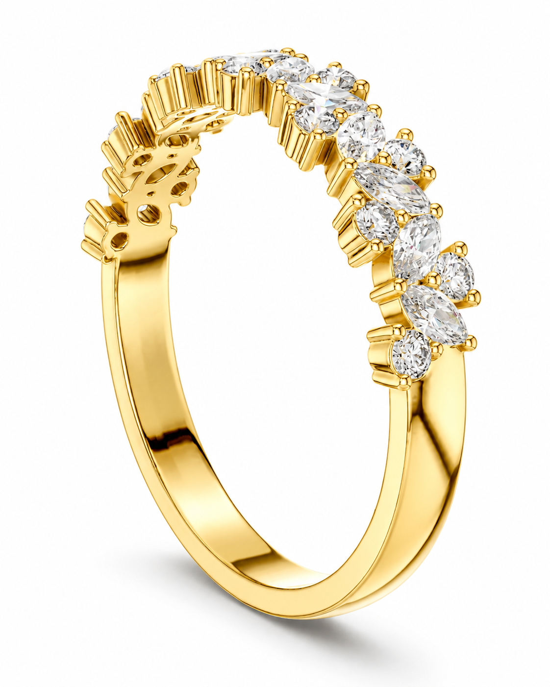 color_10K_YG, color_14K_YG &&A yellow gold eternity-style ring featuring a curved row of clear marquise-cut gemstones on one half of the band, shown on a clean white background.