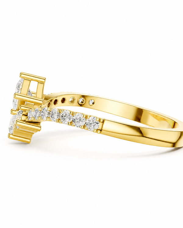 color_10K_YG, color_14K_YG &&A yellow gold diamond ring shown in a close-up side profile on a clean white background. The ring features a multi-stone diamond crown and a diamond-set band with small round accent diamonds.