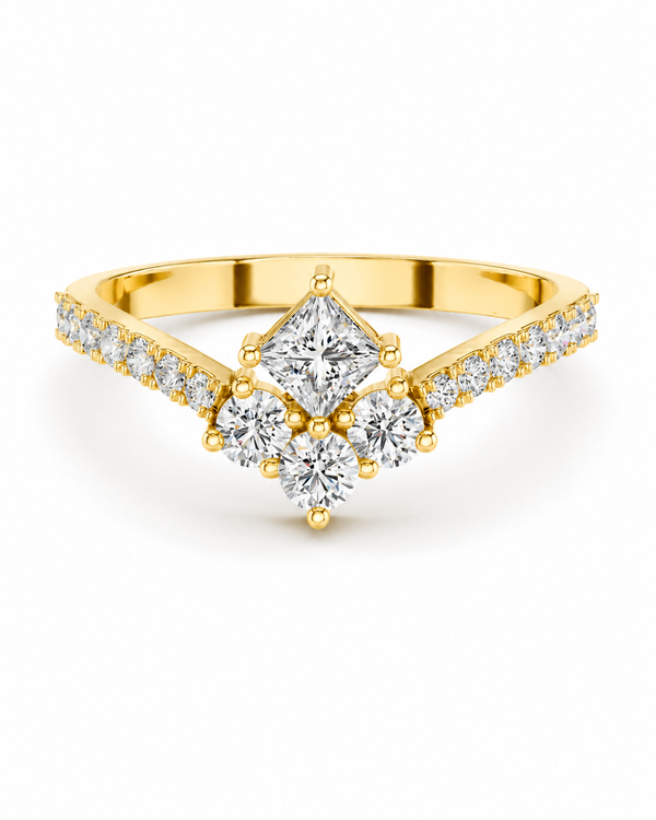 color_10K_YG, color_14K_YG &&A yellow gold ring with a diamond cluster setting, featuring a large marquise-cut center stone and smaller round diamonds along the band and shoulders, shown on a clean white background.