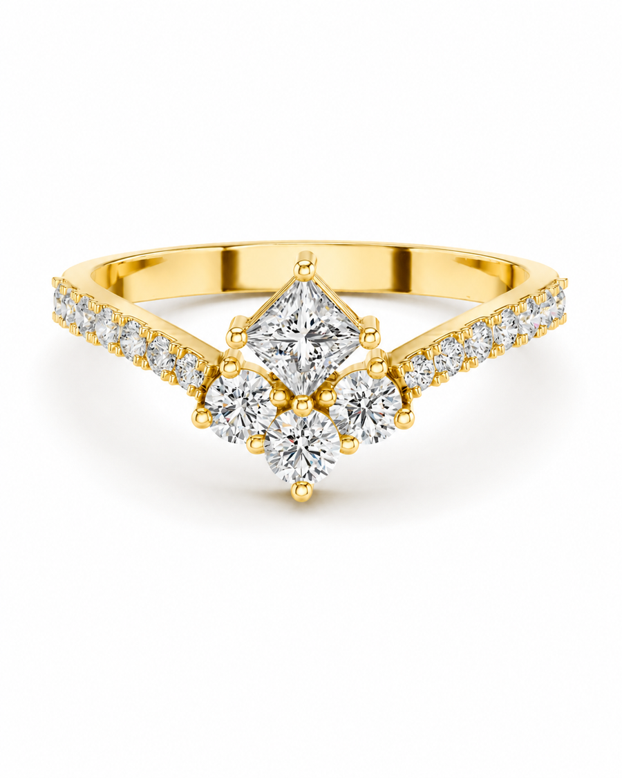 color_10K_YG, color_14K_YG &&A yellow gold ring with a diamond cluster setting, featuring a large marquise-cut center stone and smaller round diamonds along the band and shoulders, shown on a clean white background.