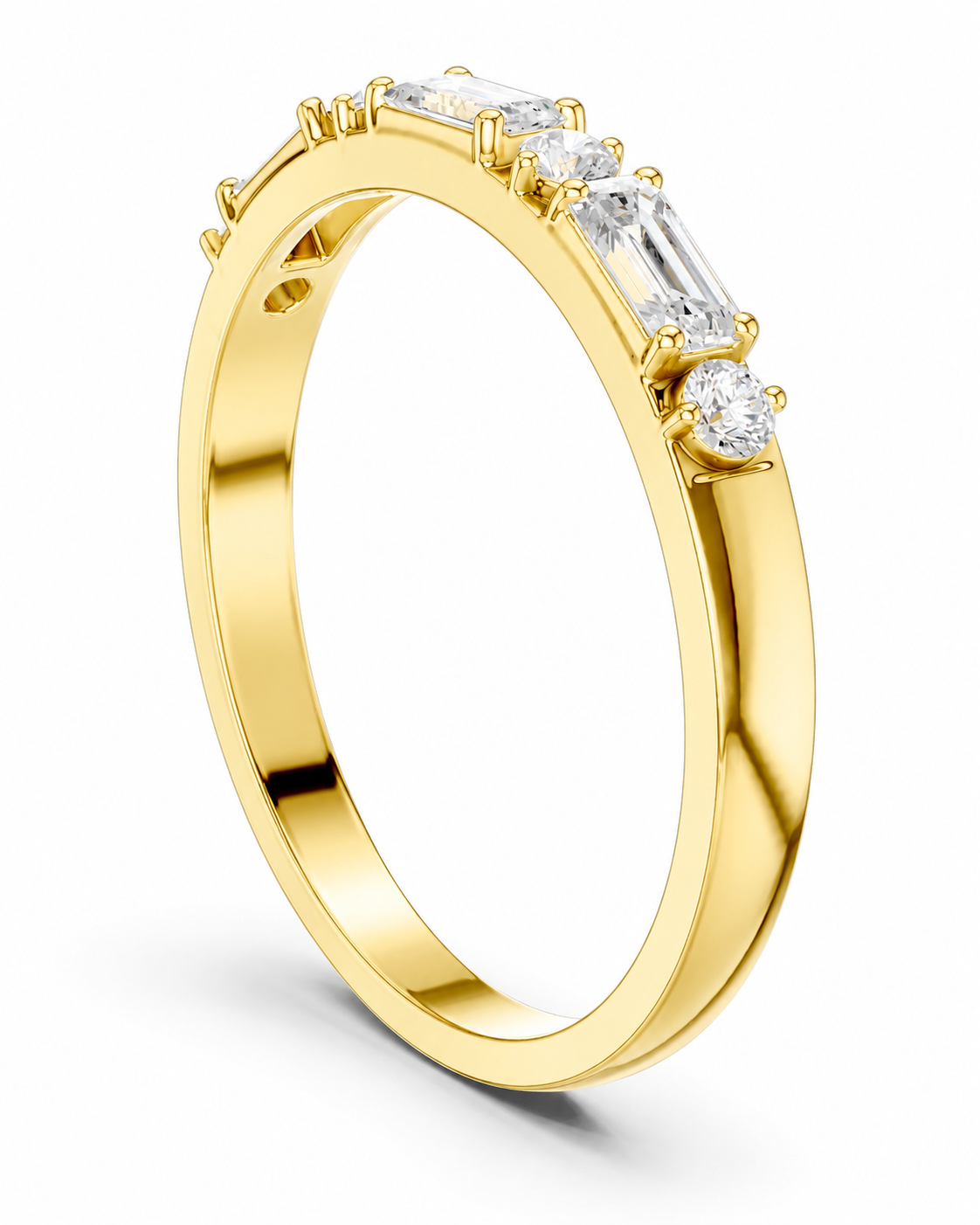 color_10K_YG, color_14K_YG &&A yellow gold eternity ring featuring a row of clear baguette and round-cut diamonds in a prong setting, shown on a clean white background.