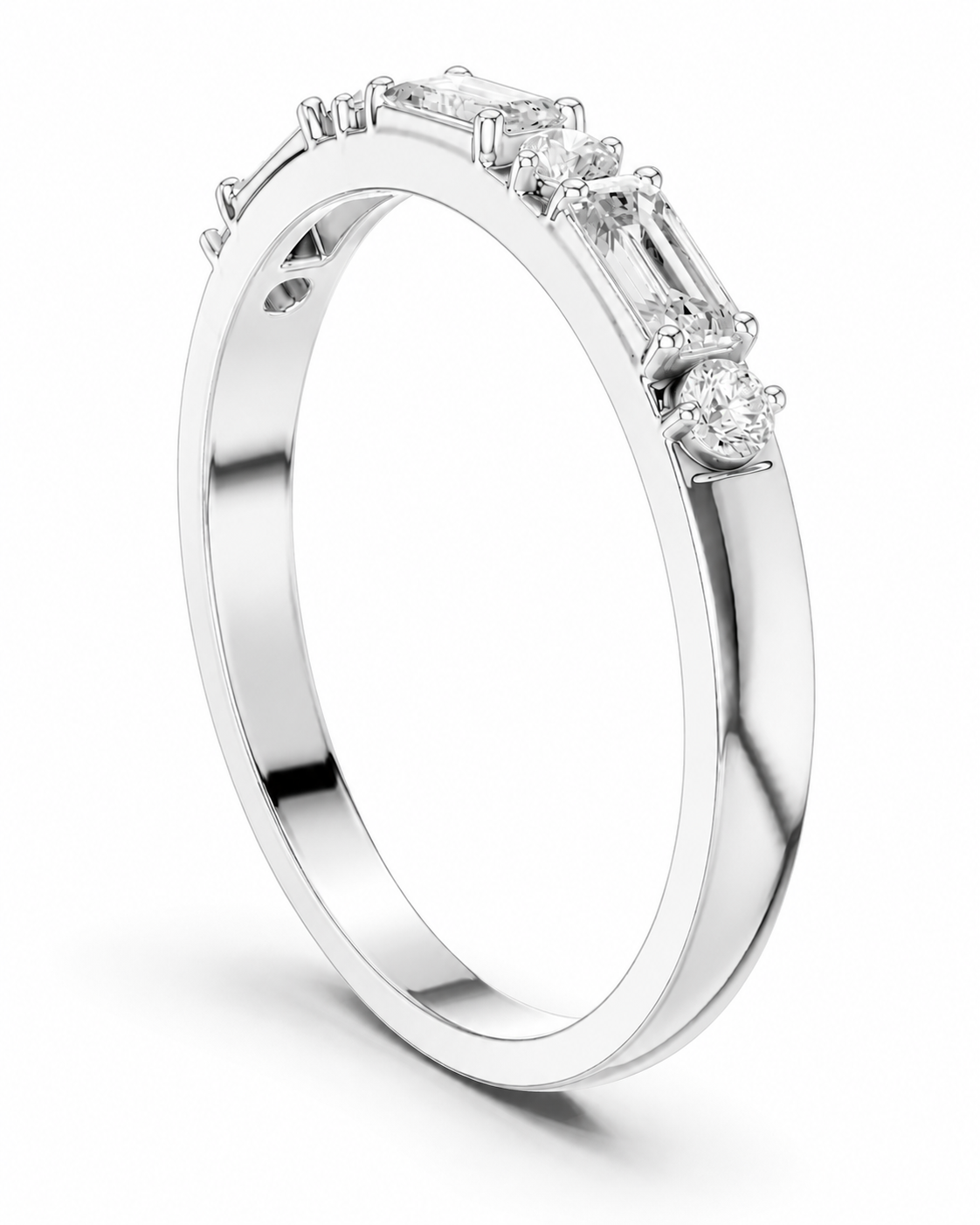color_925_SIL,color_935_ARG,color_10K_WG, color_14K_WG &&A silver-toned diamond ring featuring a row of baguette and round-cut diamonds on a clean white background.