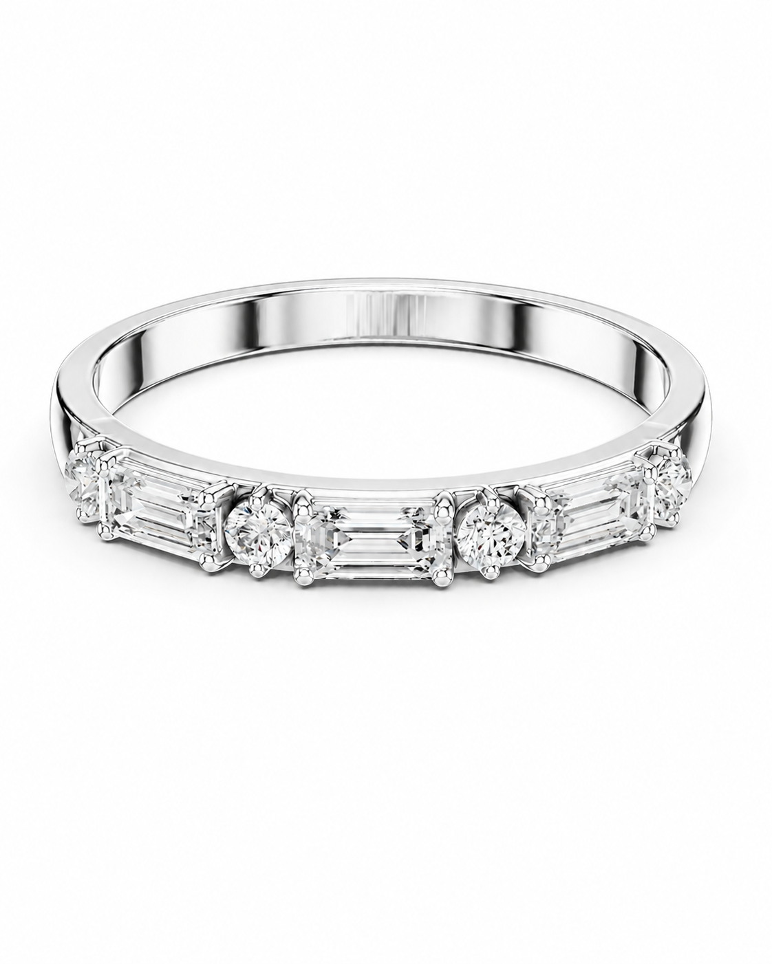 color_925_SIL,color_935_ARG,color_10K_WG, color_14K_WG &&A silver-toned diamond eternity ring featuring baguette and round-cut diamonds set in a polished band, shown on a clean white background.
