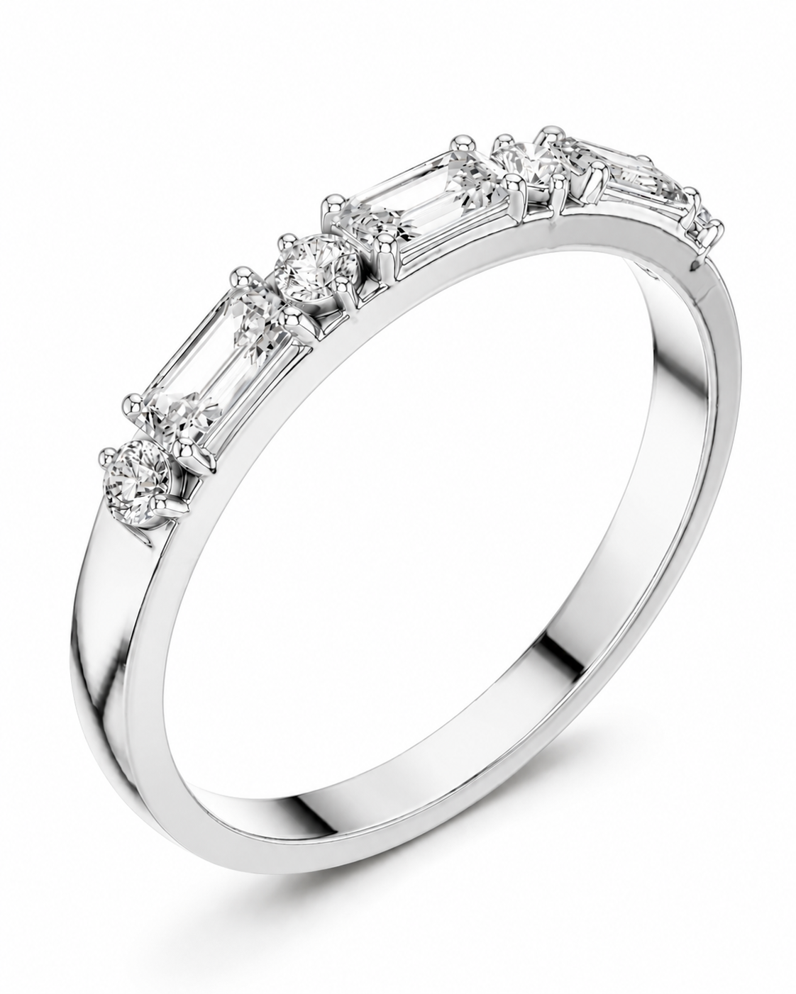 color_925_SIL,color_935_ARG,color_10K_WG, color_14K_WG &&A silver band ring featuring a row of baguette and round-cut clear gemstones, shown on a clean white background.