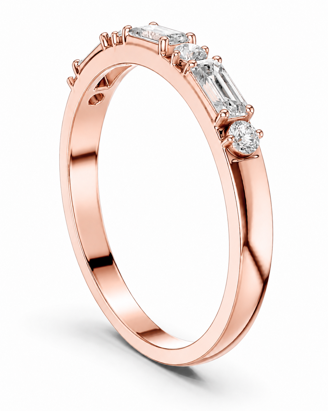 color_10K_RG, color_14K_RG &&A rose gold eternity ring featuring a row of clear baguette and round-cut diamonds, shown on a clean white background.