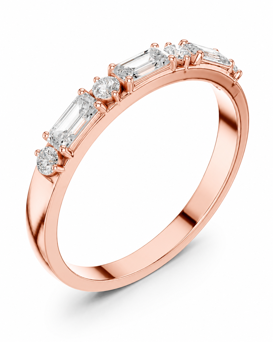 color_10K_RG, color_14K_RG &&A rose gold ring featuring a row of baguette and round-cut clear gemstones, shown on a clean white background.