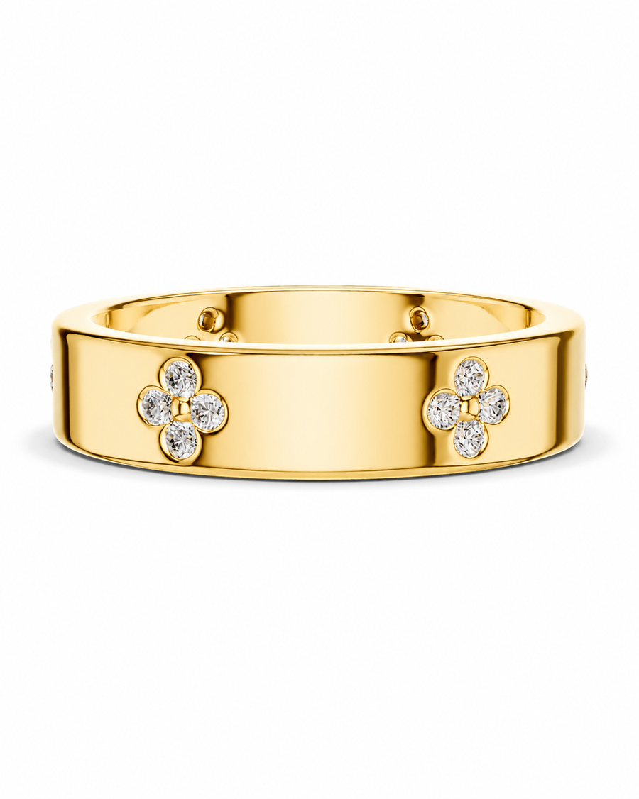 color_10K_YG, color_14K_YG &&A polished yellow gold ring featuring two symmetrical four-petal flower motifs paved with small clear gemstones, set against a clean white background.