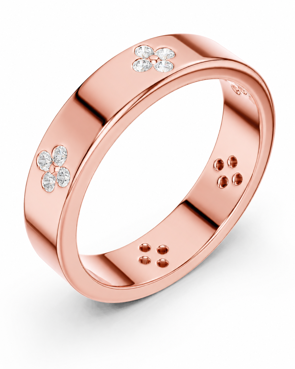color_10K_RG, color_14K_RG &&A rose gold band ring featuring three small diamond clover motifs set along the outer band, shown on a clean white background.