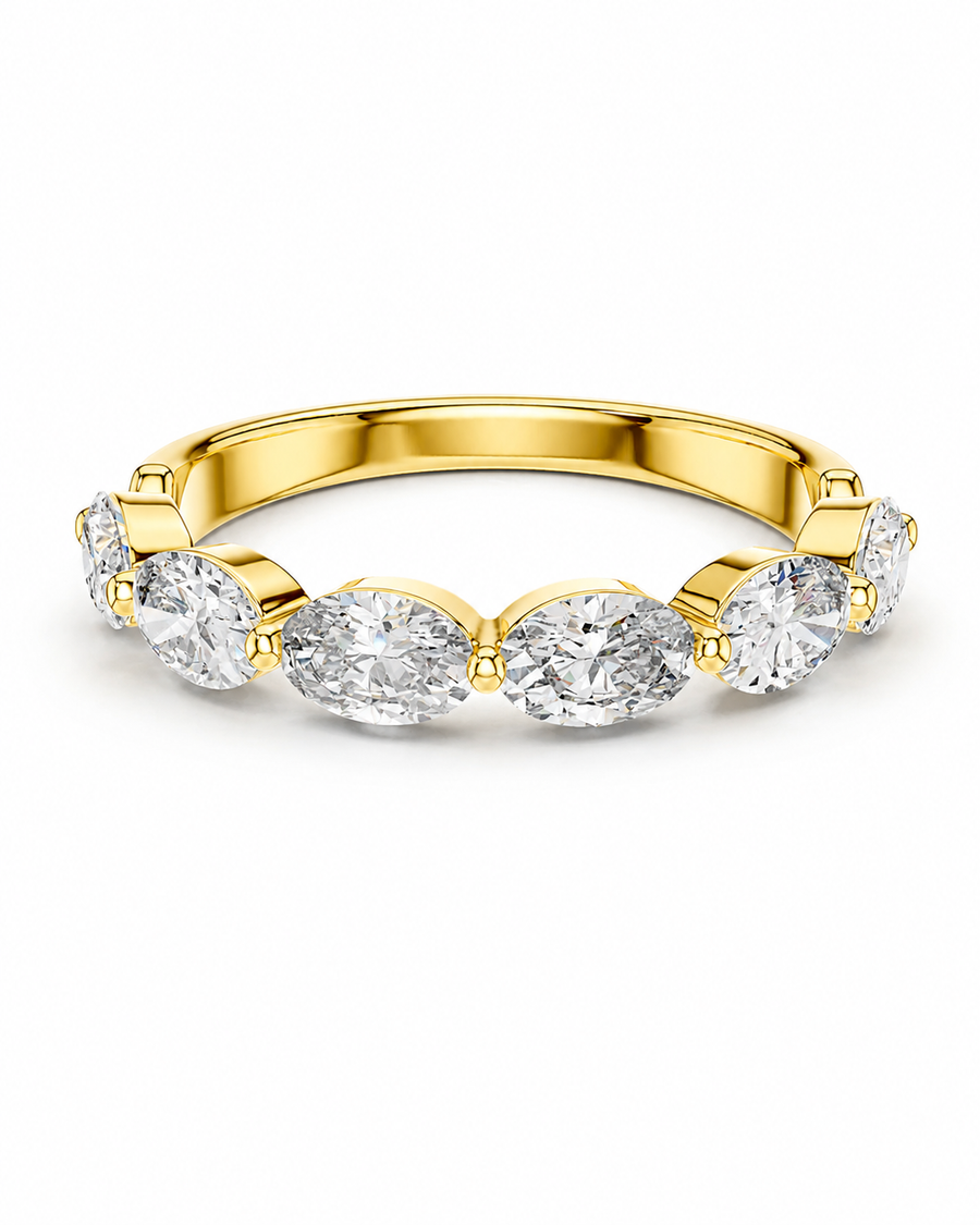 color_10K_YG, color_14K_YG &&A yellow gold ring featuring five marquise-cut clear gemstones in a row, set against a clean white background.