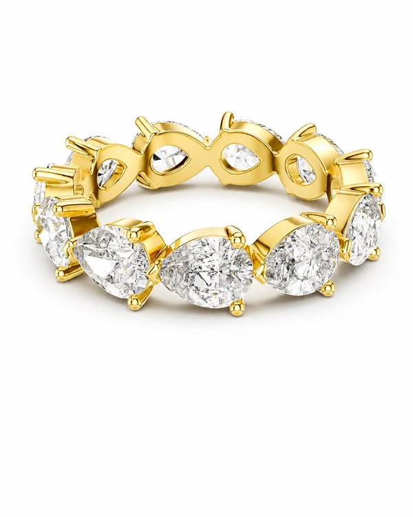 color_10K_YG, color_14K_YG &&A yellow gold eternity ring featuring a continuous line of round brilliant-cut diamonds and an infinity symbol at the back, set against a clean white background.