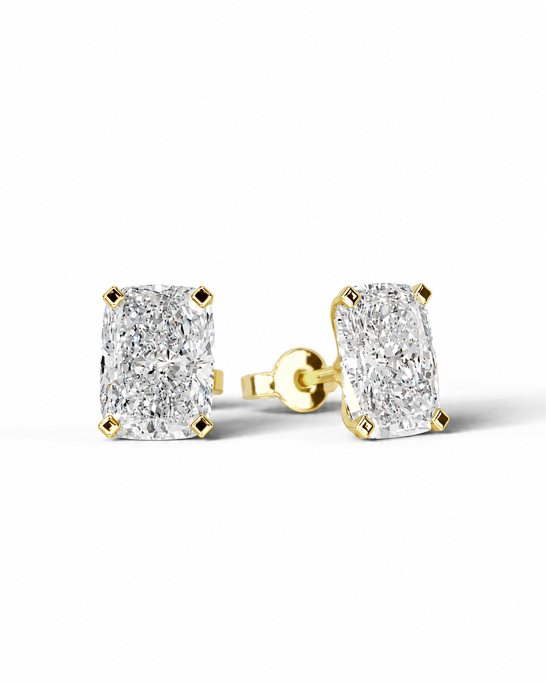 color_10K_YG, color_14K_YG &&A pair of yellow gold stud earrings with rectangular cushion-cut diamonds, shown on a clean white background.