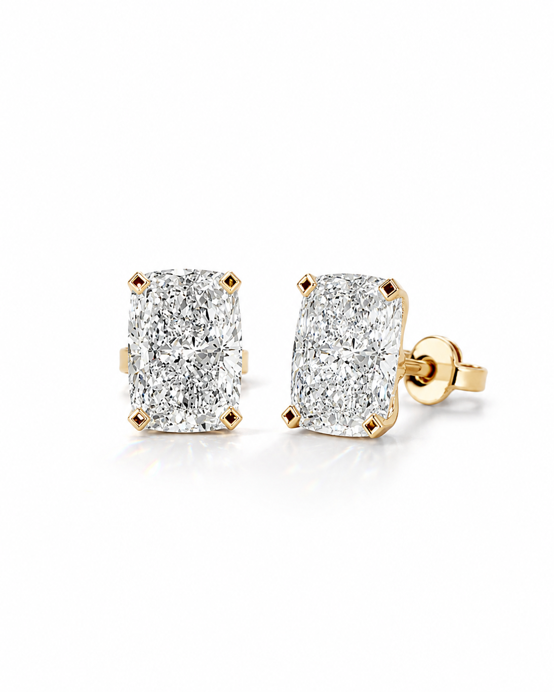 color_10K_YG, color_14K_YG &&A pair of yellow gold stud earrings featuring rectangular cushion-cut diamonds in four-prong settings, shown on a clean white background.