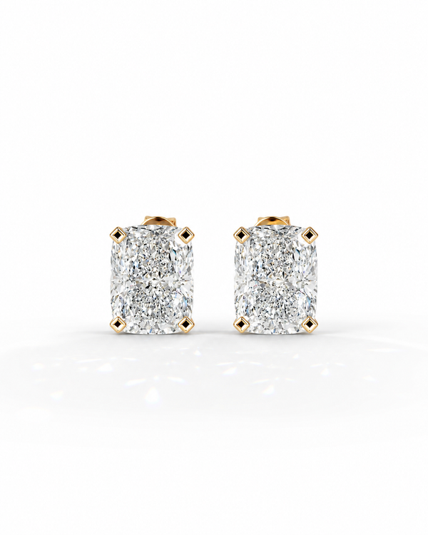 color_10K_YG, color_14K_YG &&A pair of yellow gold stud earrings featuring rectangular emerald-cut diamonds in a four-prong setting, shown on a clean white background.