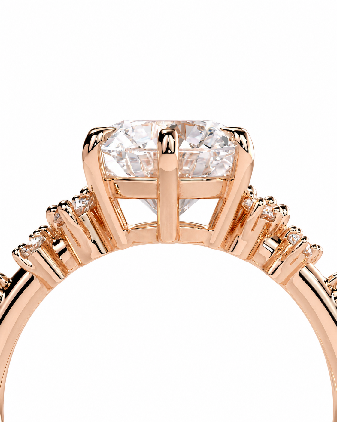 color_10K_RG, color_14K_RG &&Rose gold ring with a large round brilliant-cut center stone and small pavé-set stones along the shoulders, shown on a white background.