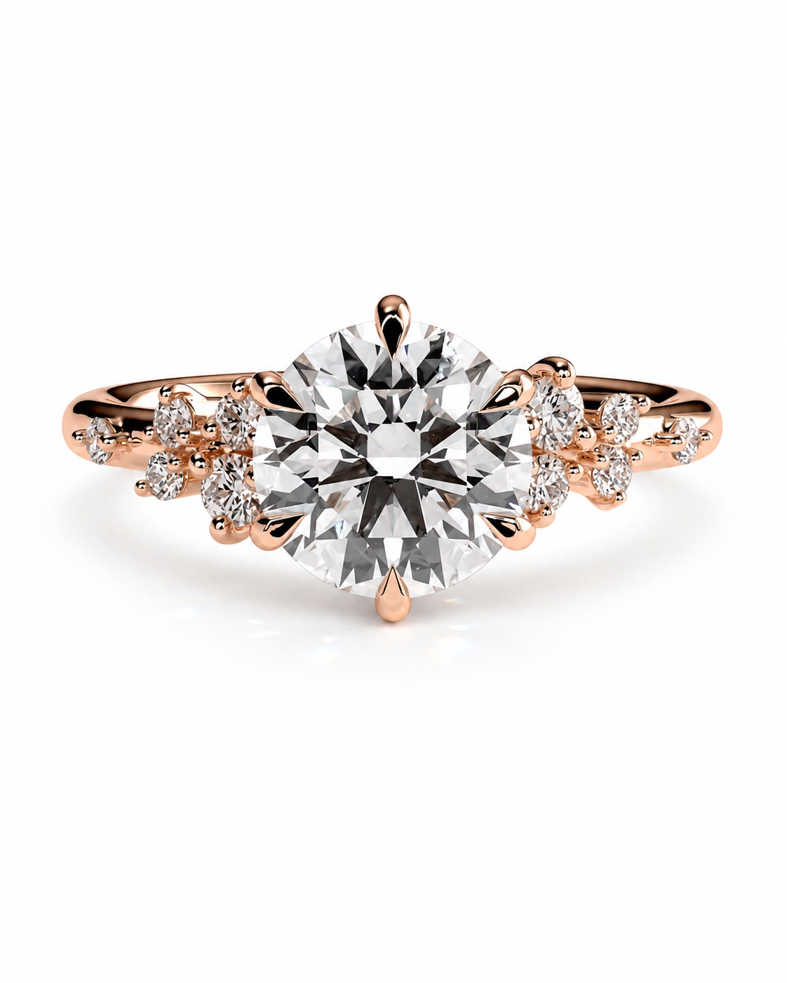 color_10K_RG, color_14K_RG &&A rose gold engagement ring featuring a large round-cut center stone with smaller accent stones along the shoulders, set against a clean white background.