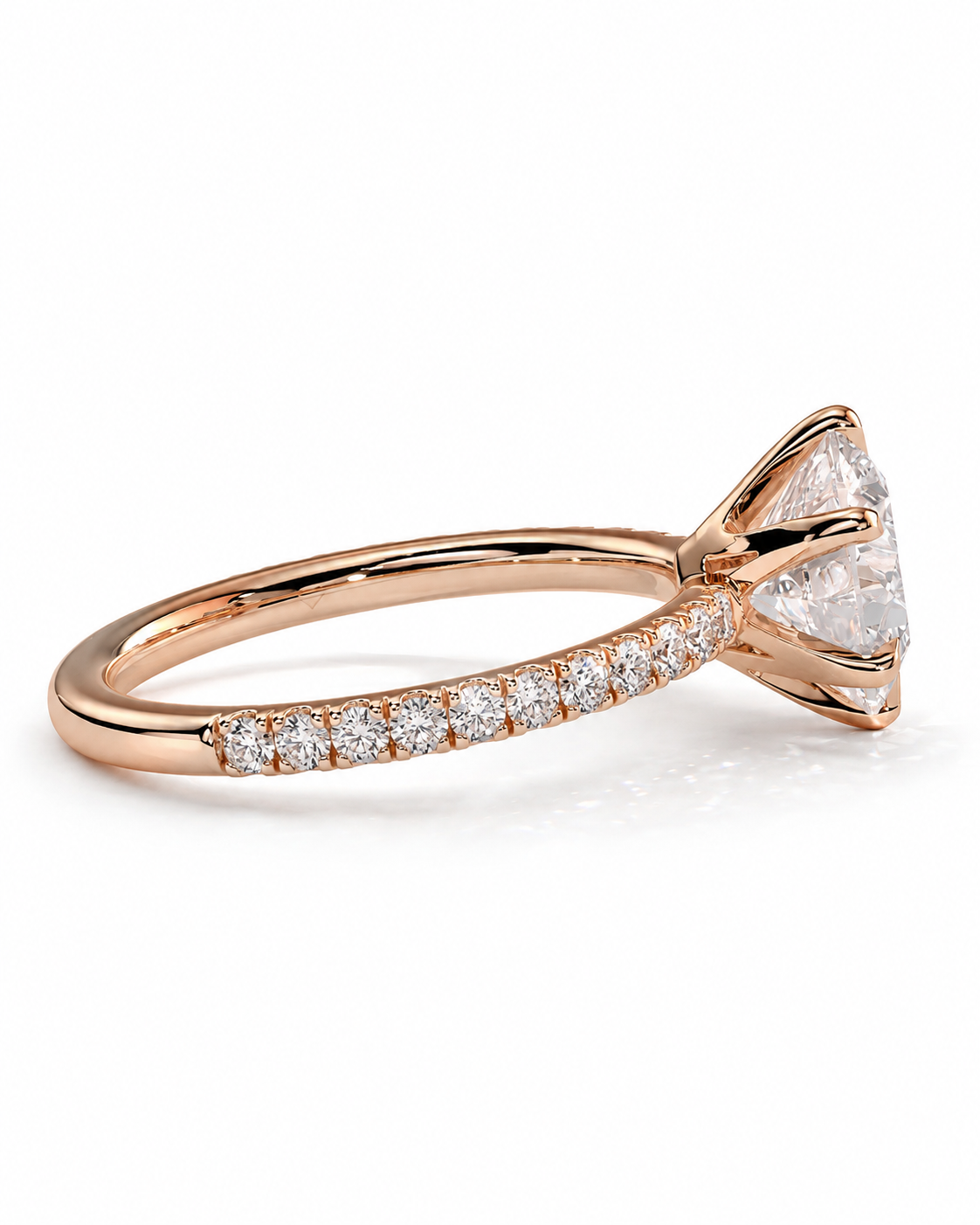 color_10K_RG, color_14K_RG &&A rose gold engagement ring featuring a large triangular-cut diamond center stone and a pavé band set with small round diamonds, shown on a clean white background.