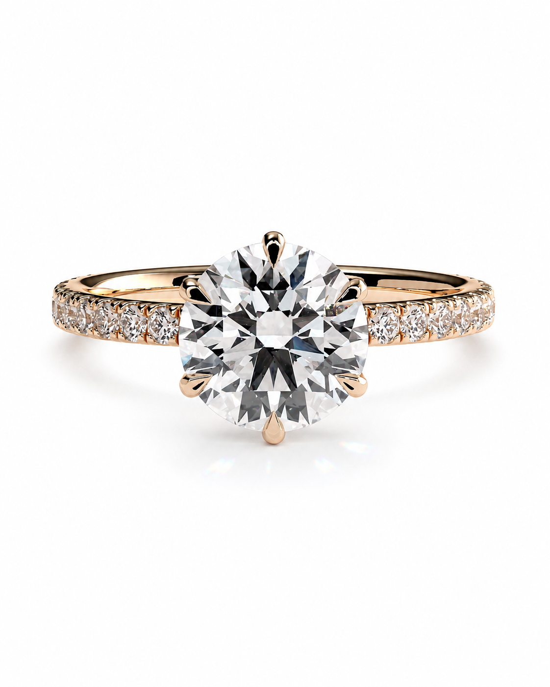 color_10K_RG, color_14K_RG &&A rose gold solitaire engagement ring featuring a large round brilliant-cut center stone and pavé-set accent stones along the shoulders, shown on a clean white background.