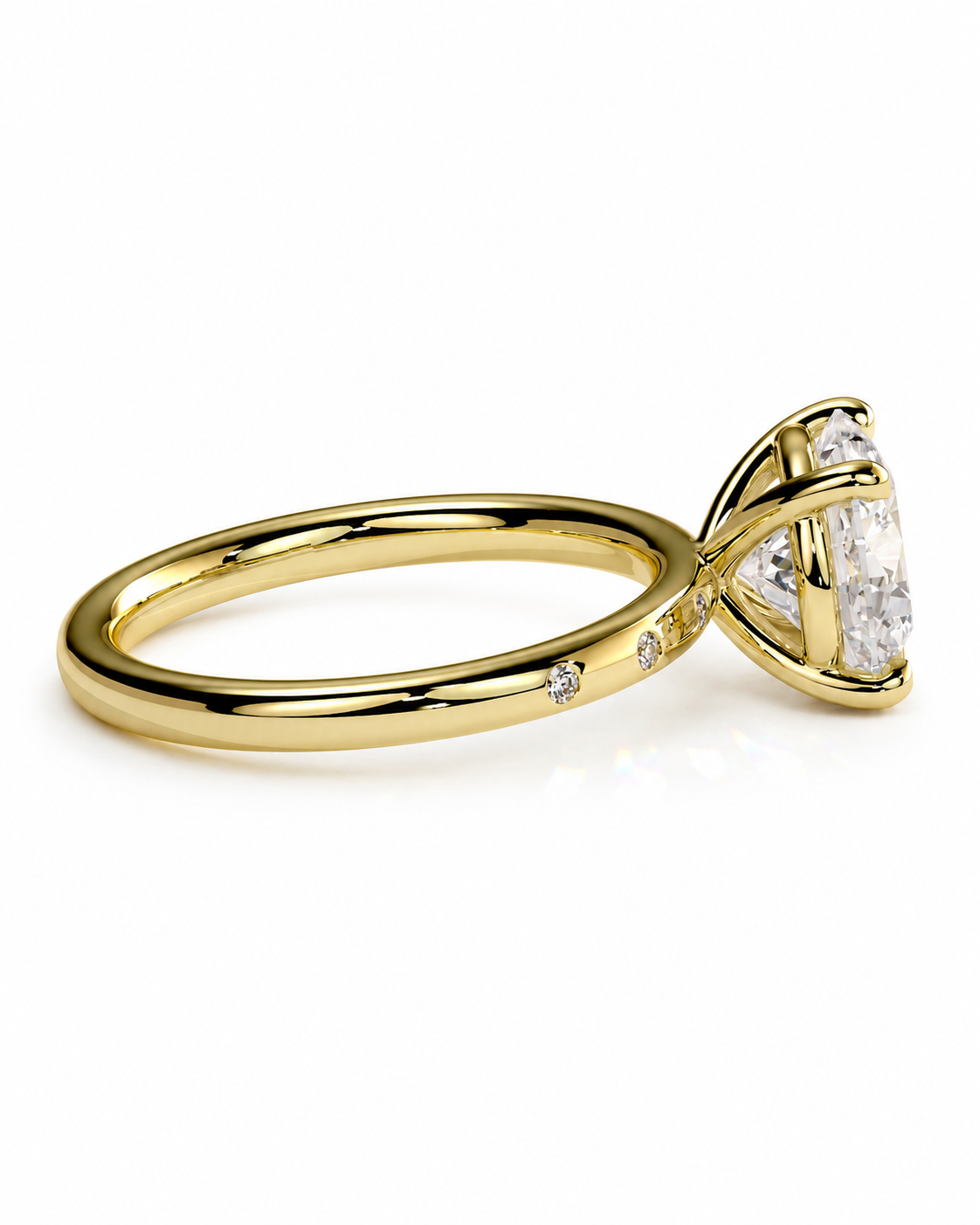 color_10K_YG, color_14K_YG &&A yellow gold ring with a large oval-cut center stone and small accent diamonds, shown in a three-quarter side view on a clean white background.