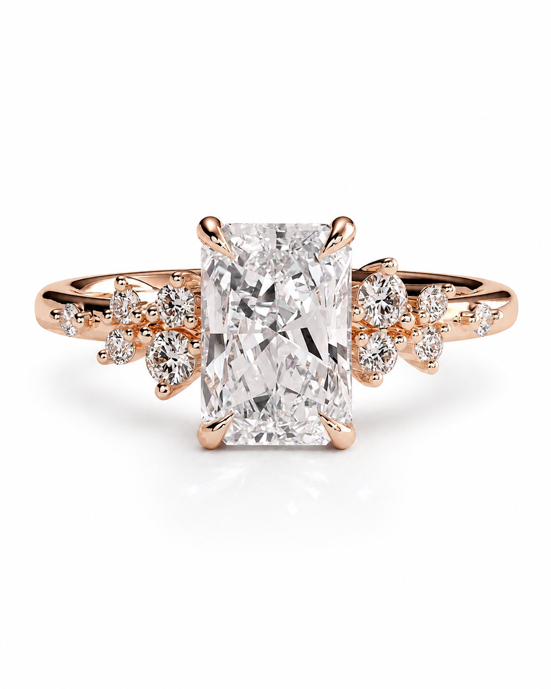 color_10K_RG, color_14K_RG &&A rose gold engagement ring featuring a large rectangular emerald-cut diamond center stone with smaller round diamonds set along the shoulders, shown on a clean white background.