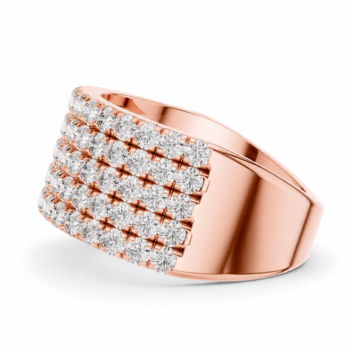 color_10K_RG, color_14K_RG &&A rose gold ring with five rows of pavé-set clear diamonds, shown on a clean white background.
