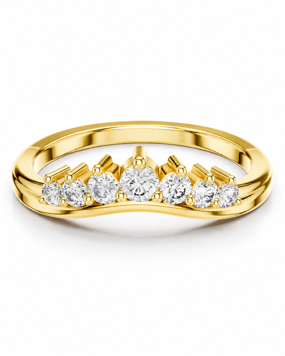 color_10K_YG, color_14K_YG &&A yellow gold wavy band ring featuring a row of round brilliant-cut diamonds in a prong setting, shown on a clean white background.