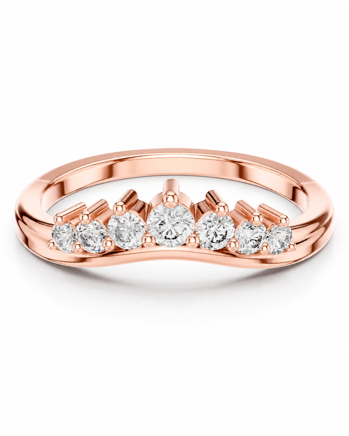 color_10K_RG, color_14K_RG && rose gold band ring featuring a row of round-cut clear gemstones in a prong setting, shown on a clean white background.