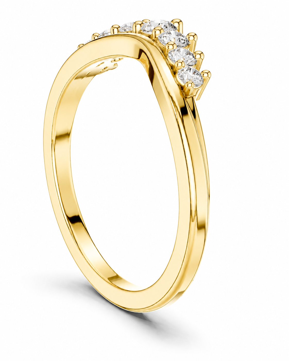 color_10K_YG, color_14K_YG &&A yellow gold ring with a curved top featuring a row of clear gemstones, shown on a clean white background.