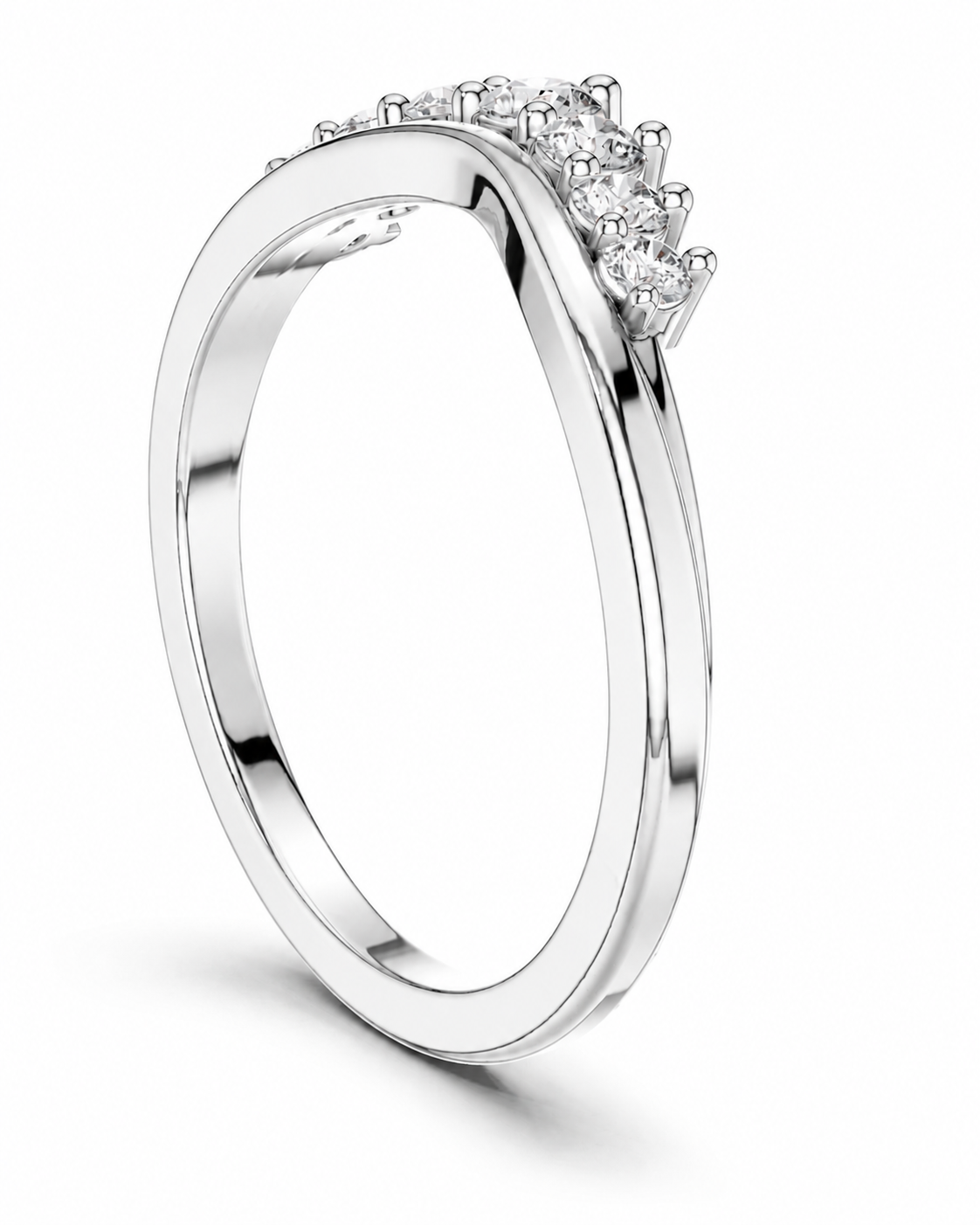color_925_SIL,color_935_ARG,color_10K_WG, color_14K_WG &&A polished silver-tone ring featuring a curved top set with small clear gemstones, shown on a clean white background.