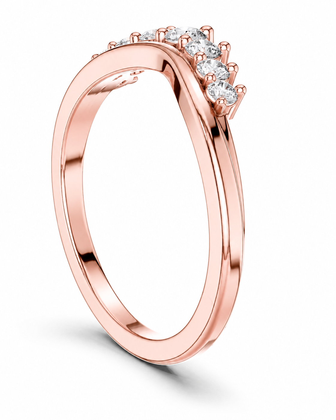 color_10K_RG, color_14K_RG &&A rose gold ring with a curved band and a row of clear gemstones at the top, shown on a white background.