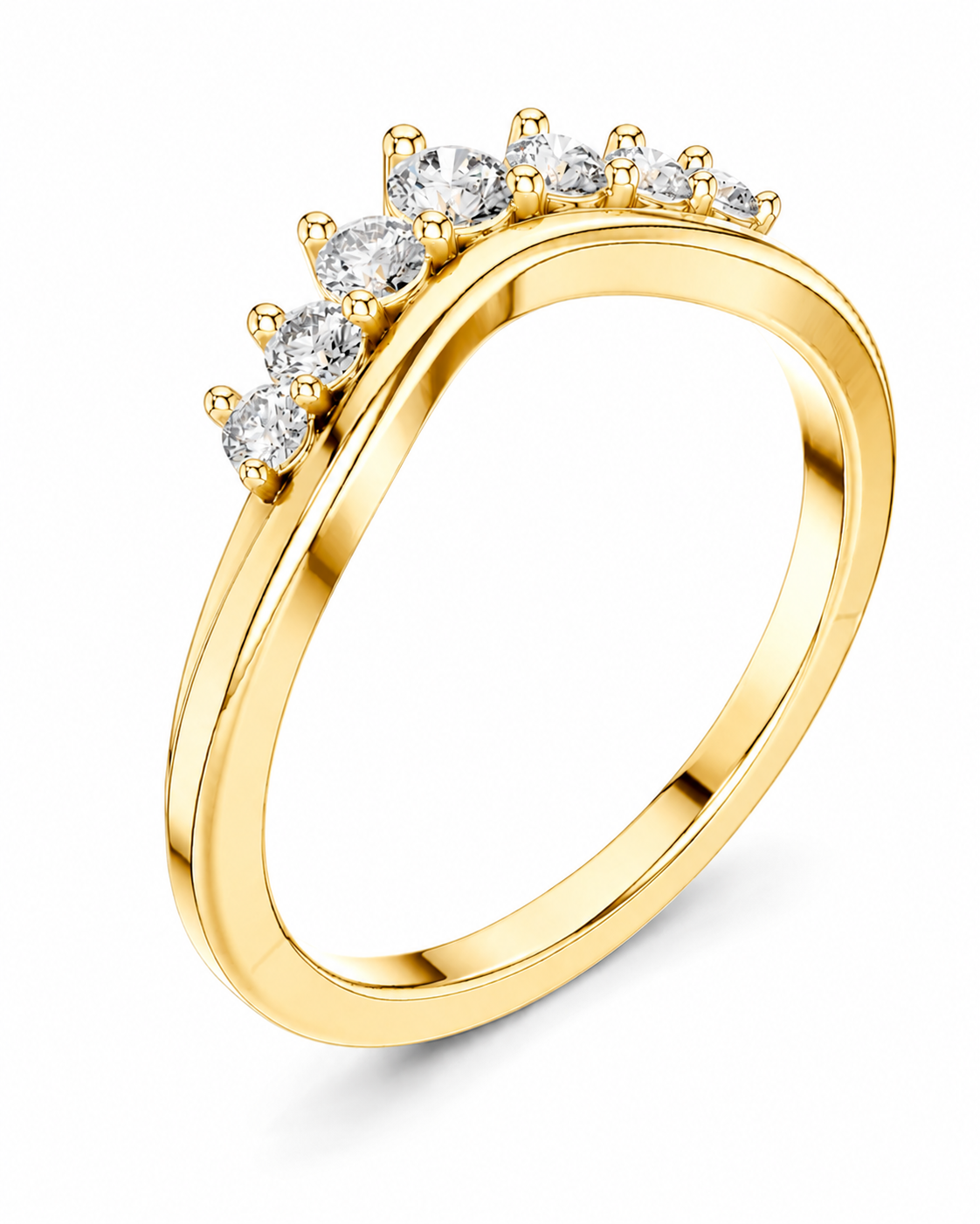 color_10K_YG, color_14K_YG &&A yellow gold ring with a curved band and a row of clear round-cut gemstones in a prong setting, shown on a white background.