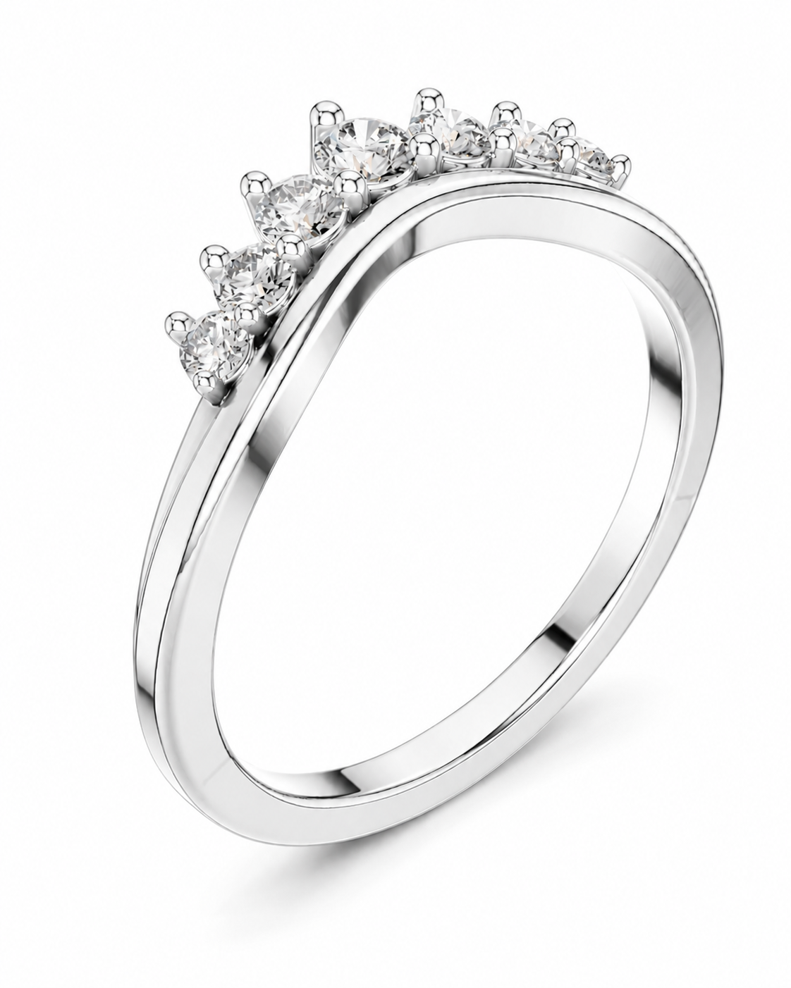 color_925_SIL,color_935_ARG,color_10K_WG, color_14K_WG &&A silver-tone diamond ring with a curved band and a row of five small round-cut diamonds at the top, set against a clean white background.