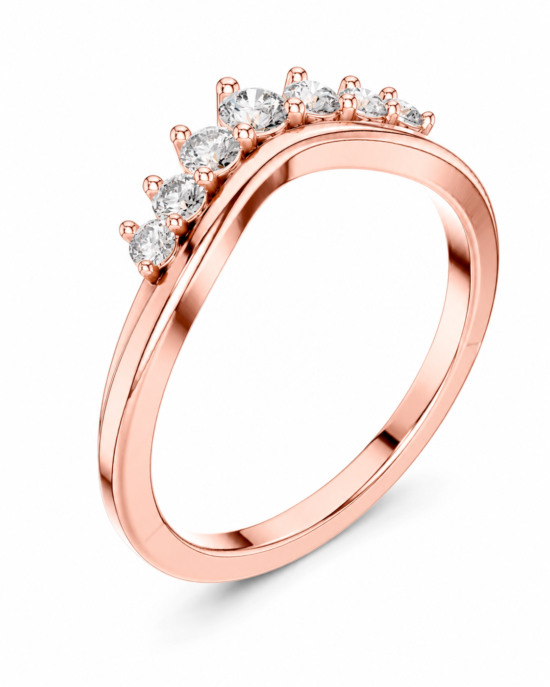 color_10K_RG, color_14K_RG &&A rose gold ring with a curved band and a row of clear marquise-cut gemstones, shown on a clean white background.
