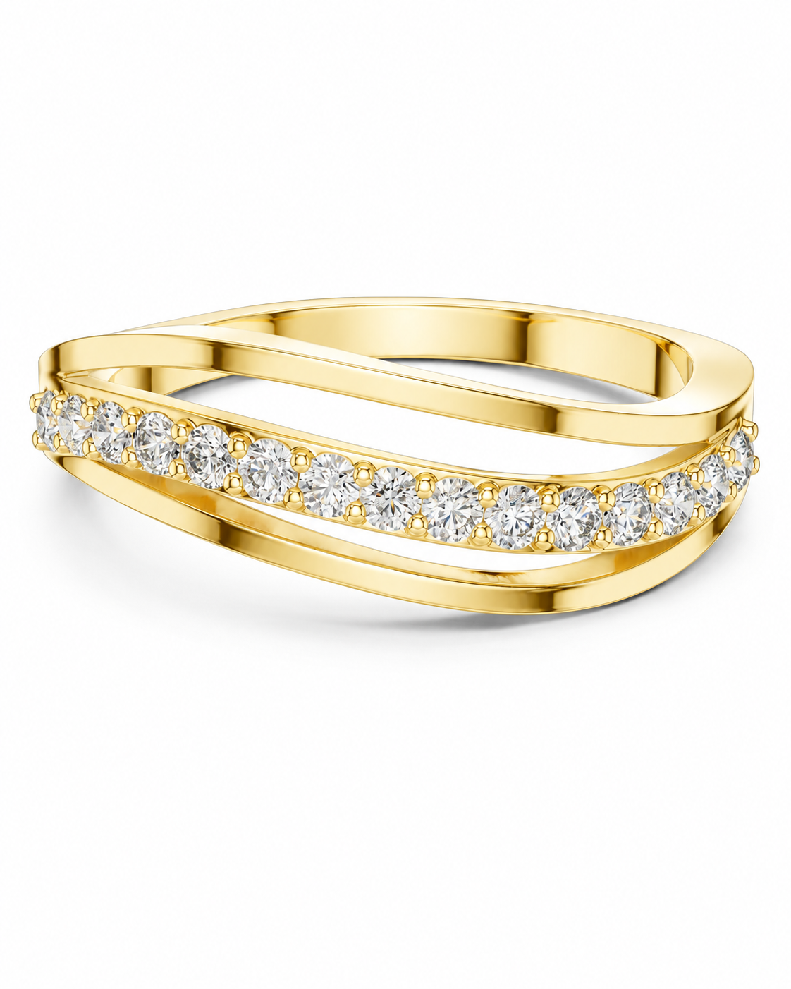 color_10K_YG, color_14K_YG &&A yellow gold double-band ring featuring a central channel-set row of round brilliant-cut diamonds on a clean white background.