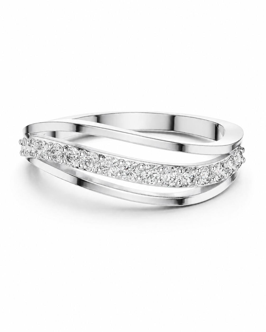 color_925_SIL,color_935_ARG,color_10K_WG, color_14K_WG &&A silver-toned double-band ring featuring a central channel-set row of clear round diamonds, photographed on a clean white background.