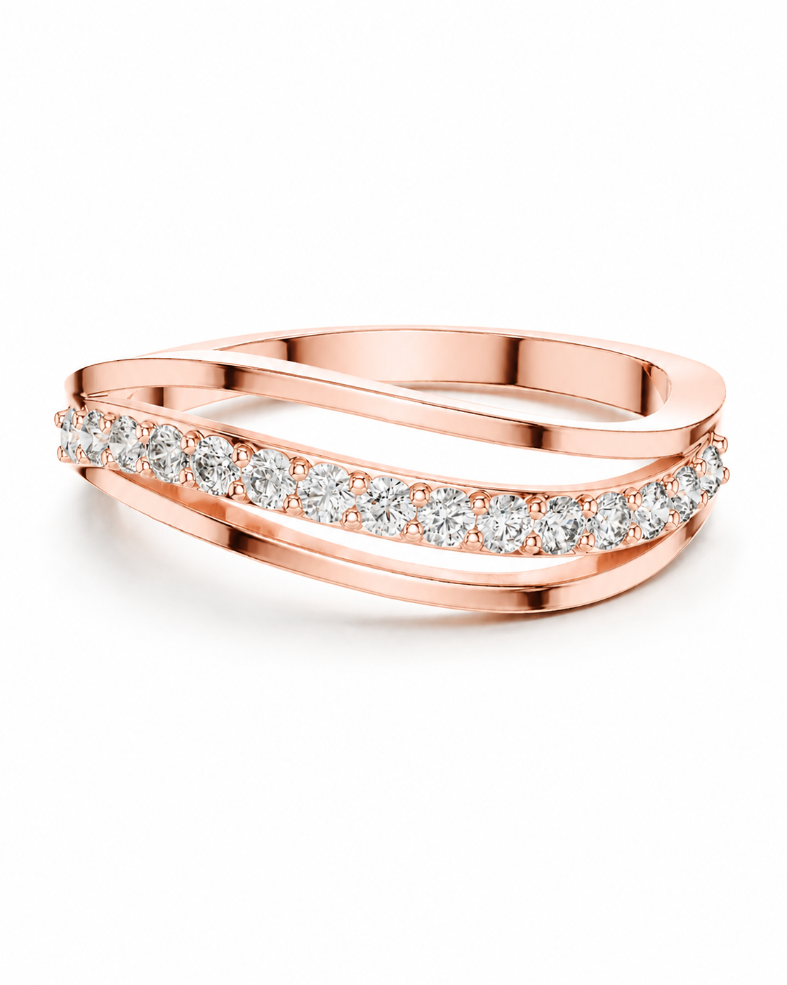 color_10K_RG, color_14K_RG &&A rose gold double-band ring featuring a center band paved with round brilliant-cut diamonds, shown on a clean white background.