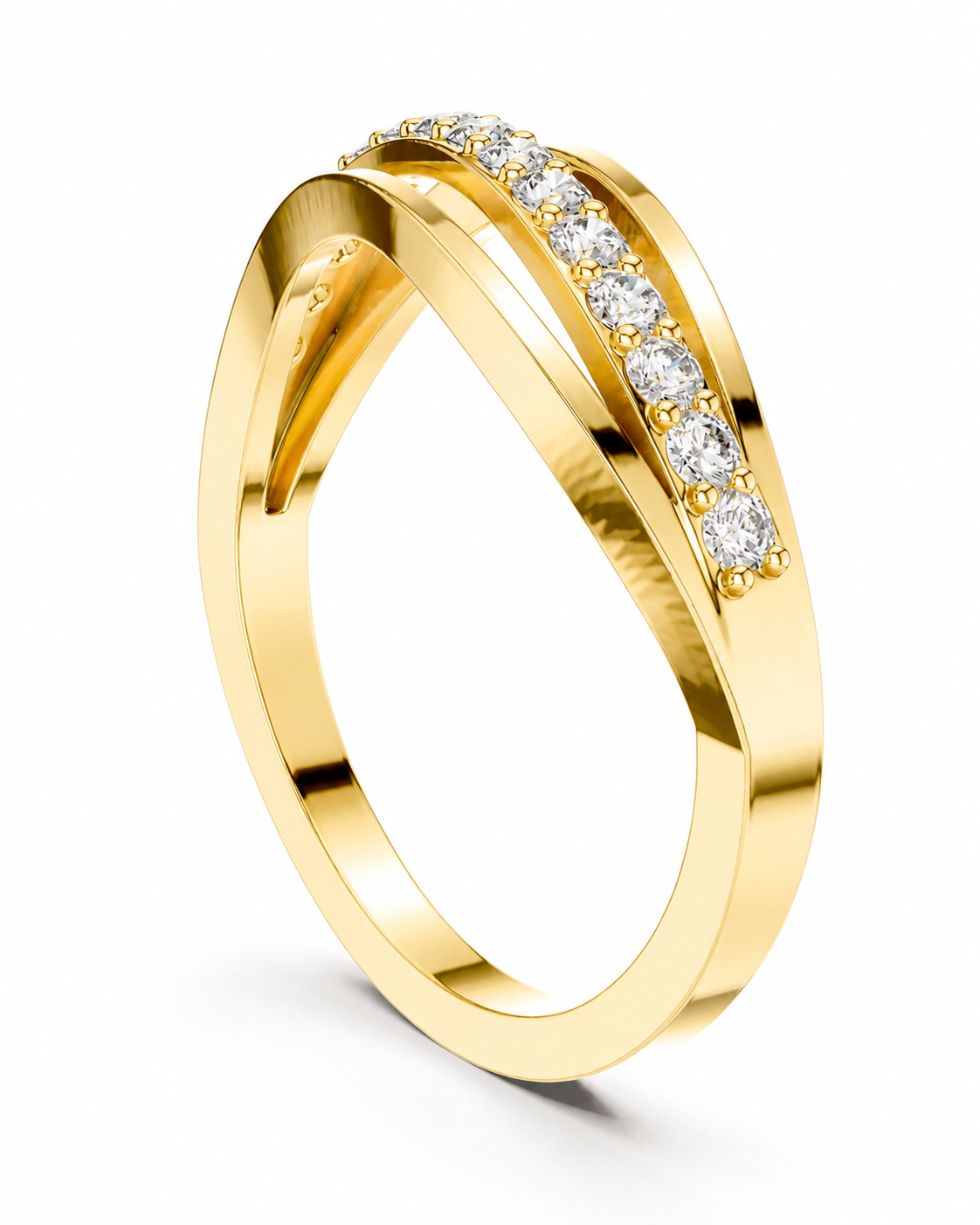 color_10K_YG, color_14K_YG &&A yellow gold double-band ring with a channel-set row of clear round diamonds on the upper band, shown on a clean white background.