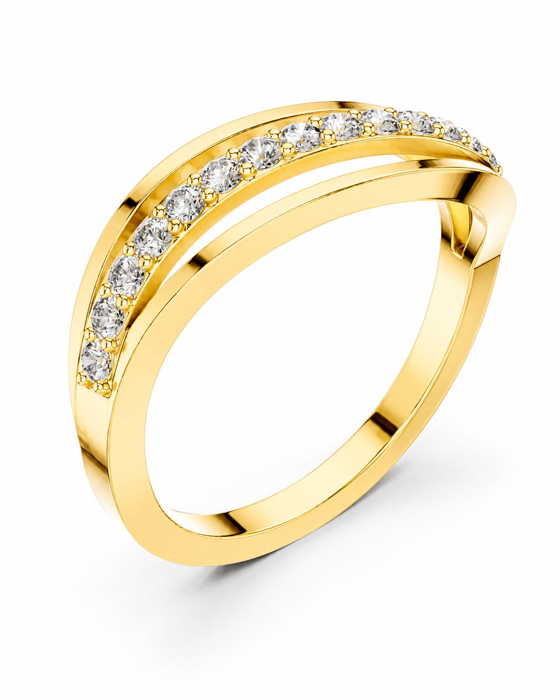 color_10K_YG, color_14K_YG &&A yellow gold double-band ring with a curved row of clear pavé-set gemstones along the top, shown on a clean white background.