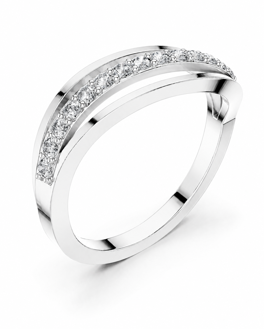 color_925_SIL,color_935_ARG,color_10K_WG, color_14K_WG &&A silver-toned double-band ring featuring a curved top band paved with small clear stones, shown on a clean white background.