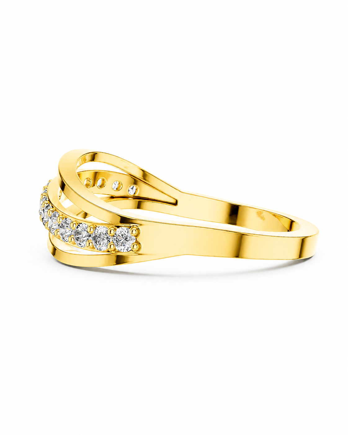 color_10K_YG, color_14K_YG &&A yellow gold ring with a double-band design, featuring a row of small clear pavé diamonds on the front, shown on a clean white background.