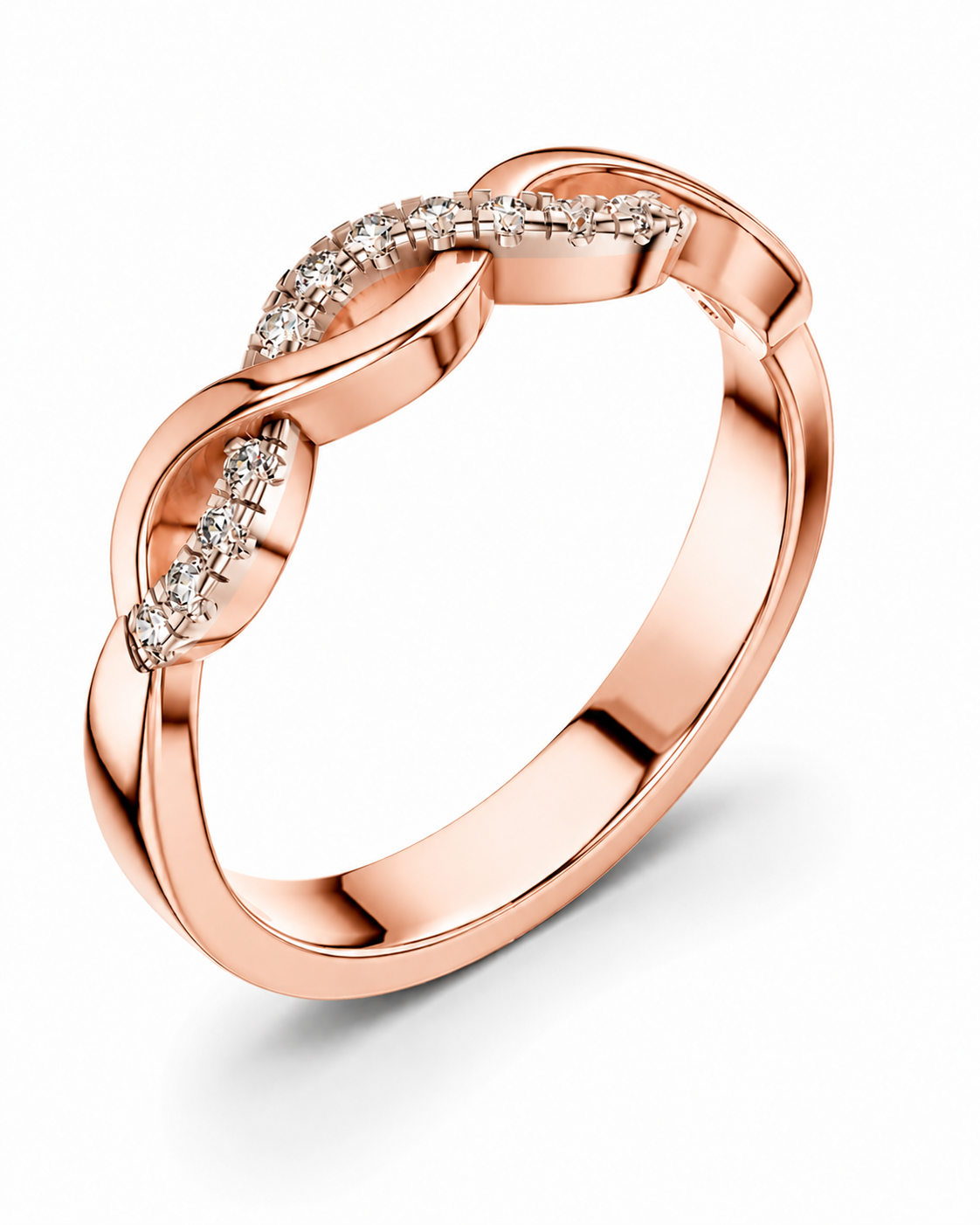 color_10K_RG, color_14K_RG &&A rose gold infinity ring featuring two intertwined bands with pavé-set clear diamonds, shown on a clean white background.