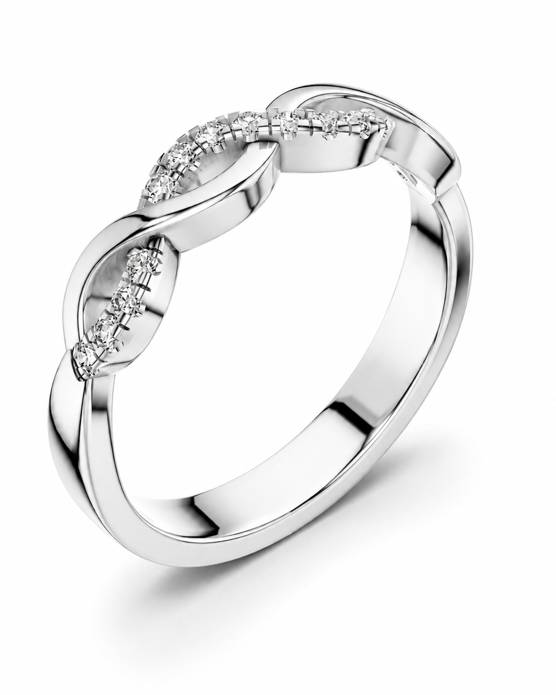 color_925_SIL,color_935_ARG,color_10K_WG, color_14K_WG &&A polished silver infinity-style ring with small clear gemstones set along the top curve, shown on a clean white background.