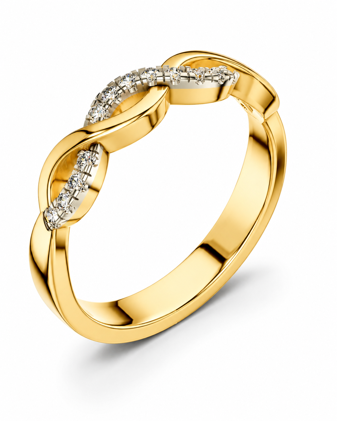color_10K_YG, color_14K_YG &&A polished yellow gold ring featuring an infinity knot design with pavé-set clear stones along the top curve, shown on a clean white background.